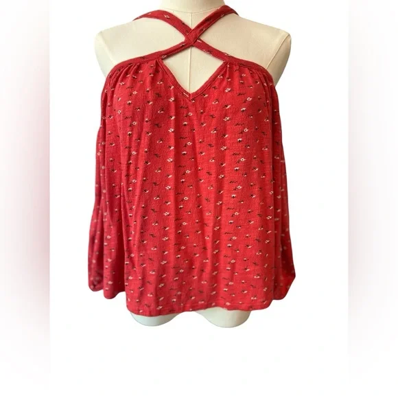 ❤️ GUC LUCKY BRAND Red Floral Off-Shoulder Criss Cross Top | Women’s Size Small - Picture 13 of 13